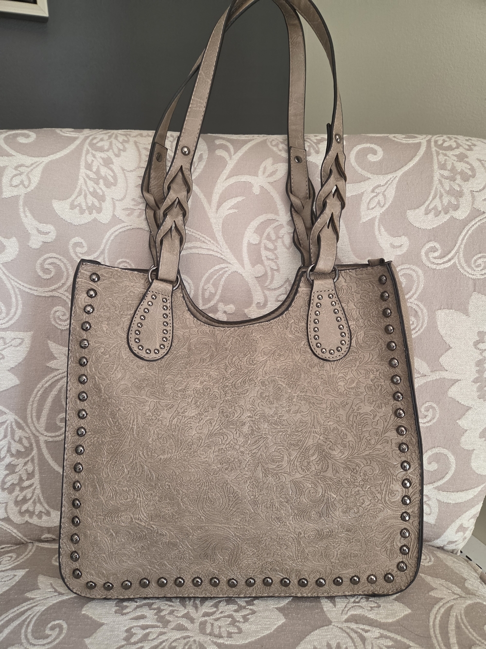 Stud-Trim Taupe Floral Embossed Bag